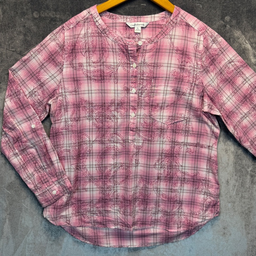Croft & Barrow Top Women's Large Pink Plaid Paisley Casual Preppy
